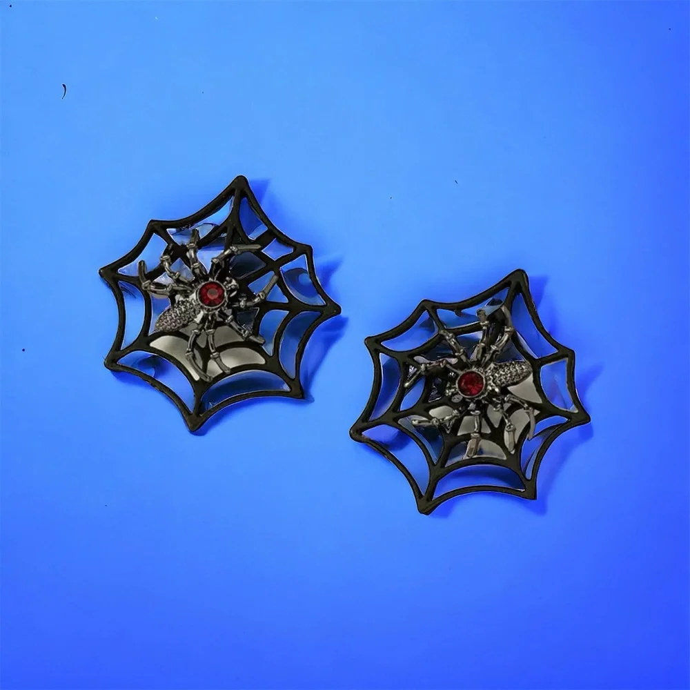 Gorgeous Retro Gothic Spider Web Stud Earrings with Ruby Color Decor Faux Fashio